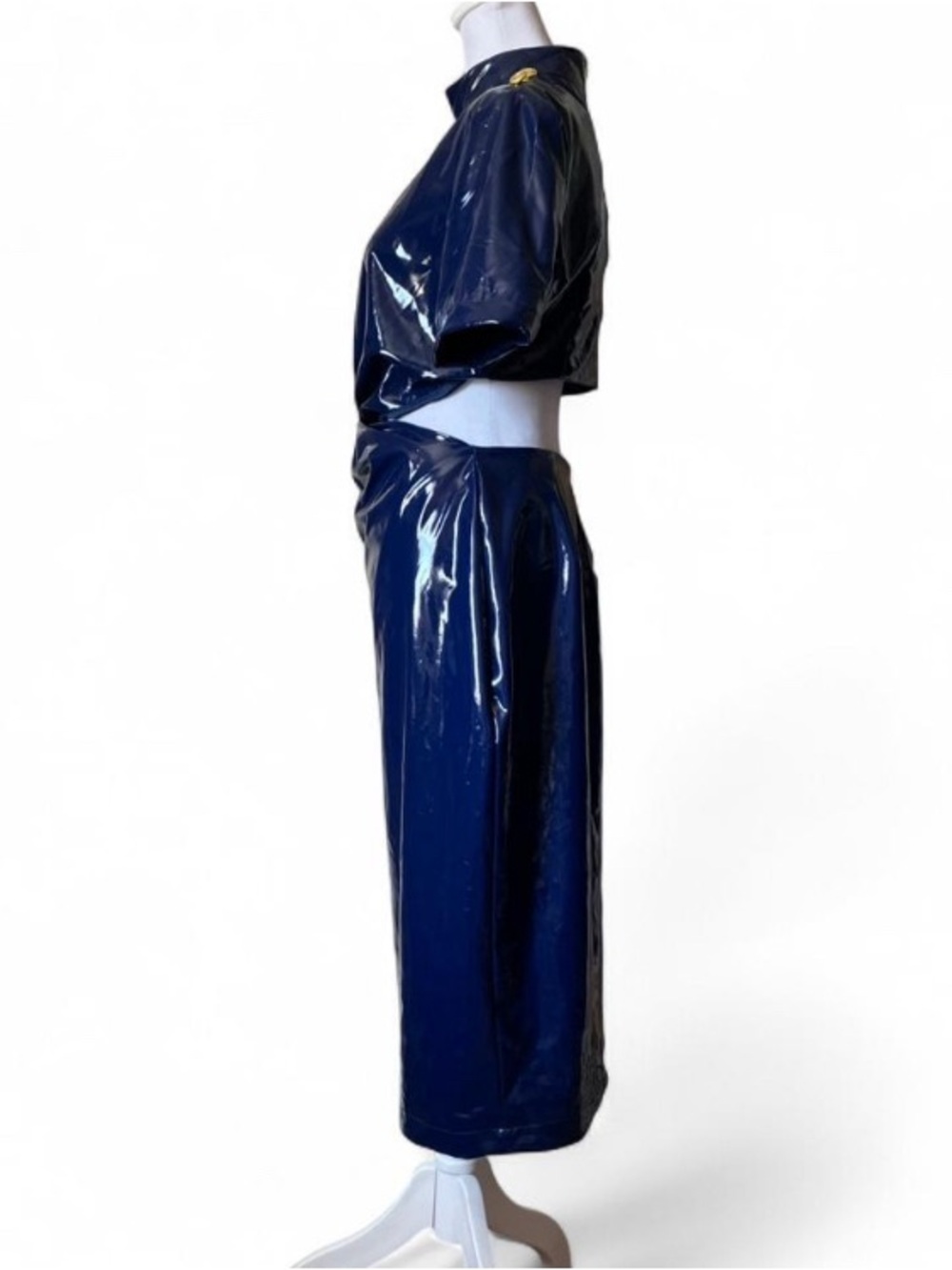 By Egreis Navy Blue Glossy Vinyl Marigold Cutout Midi Dress size Small - Picture 3 of 11